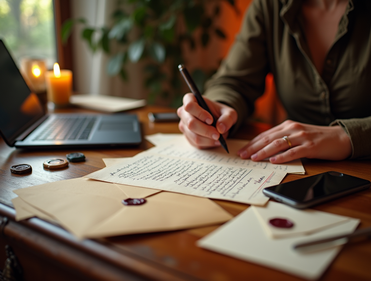 Handwritten letter writing side hustle setup with vintage desk, warm lighting, wax-sealed envelopes, and a freelancer writing with a pen next to a laptop and phone