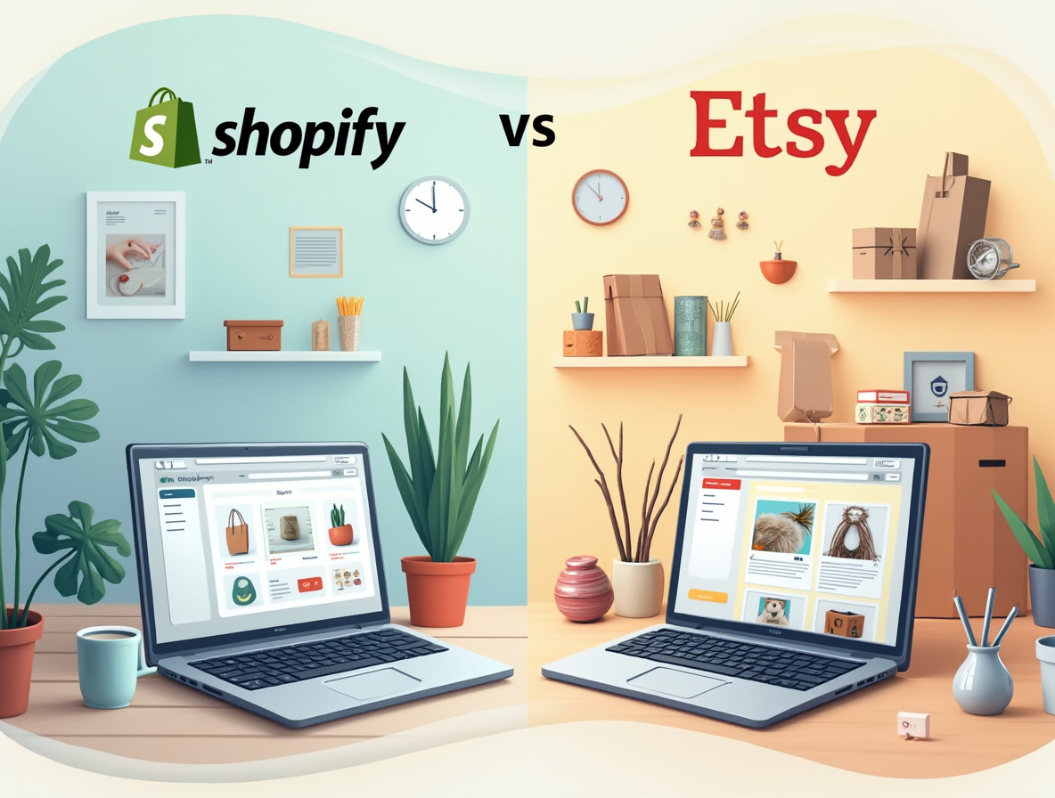 A side-by-side digital illustration comparing Shopify and Etsy, showing two laptops displaying online stores in different styled workspaces.