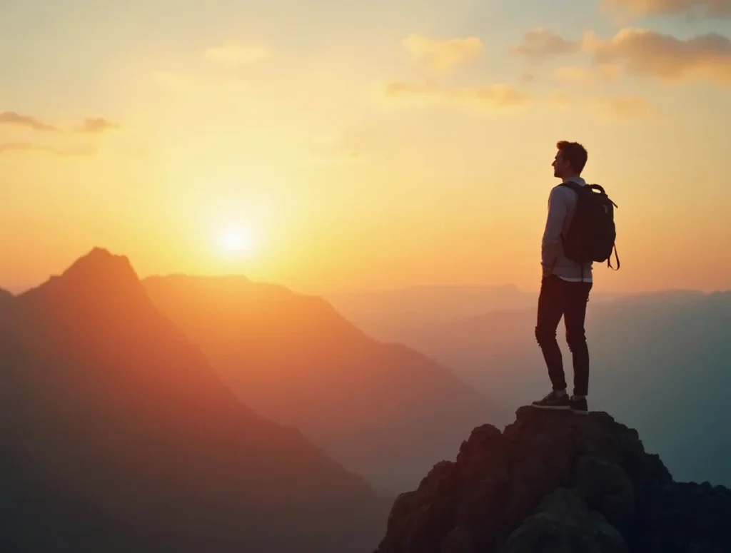 A confident man standing on a mountain peak at sunrise, looking toward the horizon. The scene symbolizes success, motivation, and a growth mindset for achieving goals.