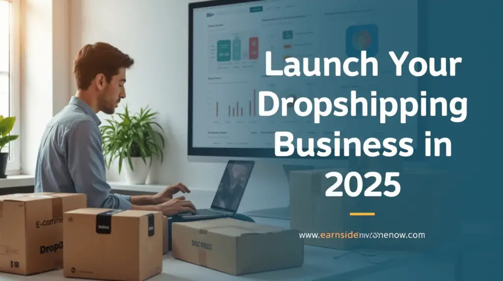 A professional entrepreneur working on a laptop in a modern office, managing a dropshipping business. Stacked e-commerce boxes and an analytics dashboard on a large screen display business growth. The phrase 'Launch Your Dropshipping Business in 2025' is prominently featured, emphasizing the startup opportunity.
