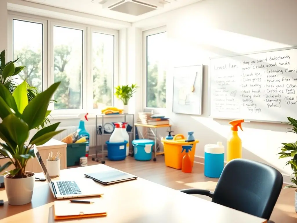 A modern office with cleaning supplies neatly arranged, a laptop on the desk, and a whiteboard with business planning notes. The image represents starting a cleaning business and organizing operations efficiently.