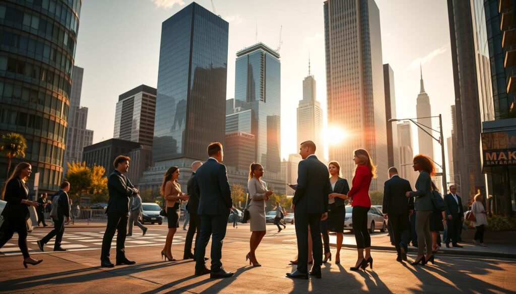 A group of real estate professionals networking in a bustling city at sunset. The scene represents real estate side hustles, business opportunities, and financial growth. Skyscrapers and an urban setting symbolize profitable ways to make extra income in real estate, including property management, wholesaling, rental arbitrage, and commercial real estate investments.