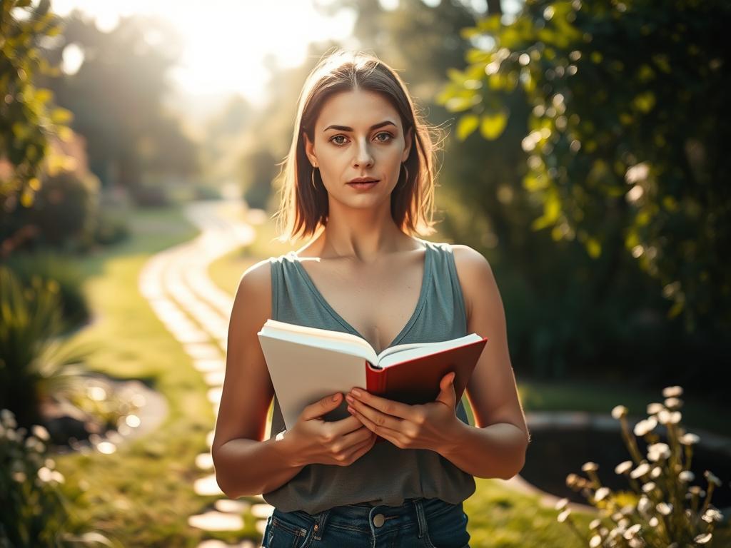 A young woman standing outdoors on a sunlit pathway, holding an open book with a focused expression. She is dressed casually in a sleeveless top and jeans, surrounded by lush greenery and warm golden sunlight. The scene conveys a sense of learning, mindfulness, and personal growth in a peaceful, natural environment.