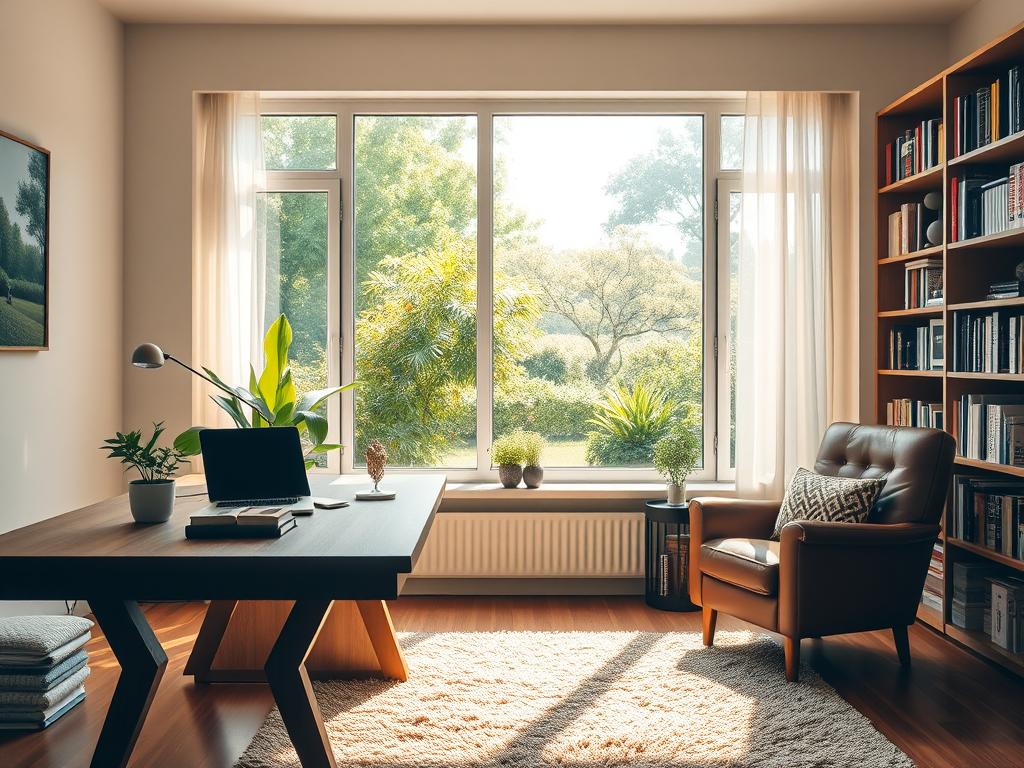 A beautifully designed home office with a large wooden desk, an open laptop, and books neatly arranged. The space is filled with natural light from a wide window overlooking a green outdoor landscape. A cozy leather armchair sits near a bookshelf, creating a warm and productive work environment. The setting reflects a peaceful, inspiring, and organized workspace perfect for remote work, entrepreneurship, or personal productivity.







