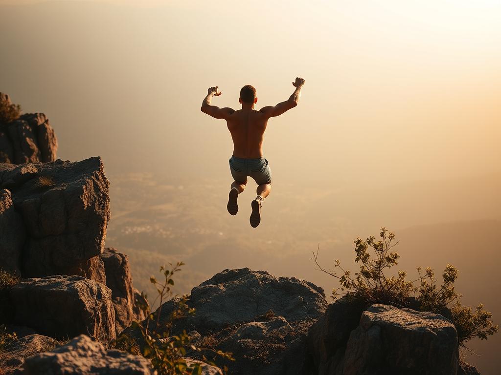 A fearless man jumping off a rocky cliff into the open air, arms raised in excitement. The scene, bathed in warm golden sunlight, symbolizes overcoming fear, taking risks, and embracing new opportunities. The vast landscape in the background represents freedom, personal growth, and courage in the face of challenges.