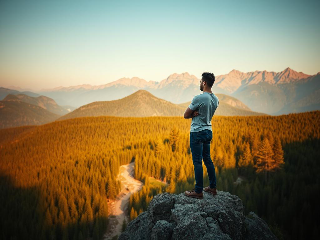 A confident man standing on a rocky peak, overlooking a vast forest and mountain range at sunset. He stands with his arms crossed, gazing into the distance, symbolizing self-reflection, personal growth, and the journey to success. The warm golden light enhances the feeling of achievement, determination, and a limitless future.