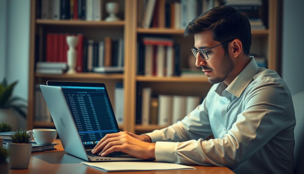 A focused young man wearing glasses and a white shirt working on his laptop in a cozy home office with bookshelves in the background. His screen displays cryptocurrency trading charts, symbolizing investing, passive income, and financial analysis in the crypto market