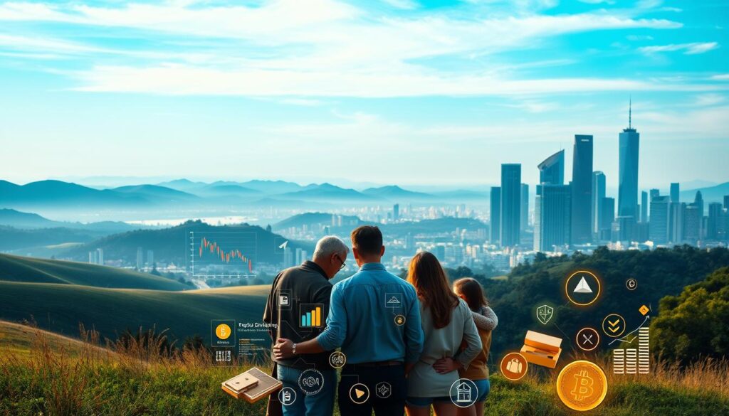  family standing on a hill overlooking a futuristic city skyline, with digital cryptocurrency icons and financial charts floating around them. The image represents financial freedom, blockchain investments, and the future of decentralized finance (DeFi).