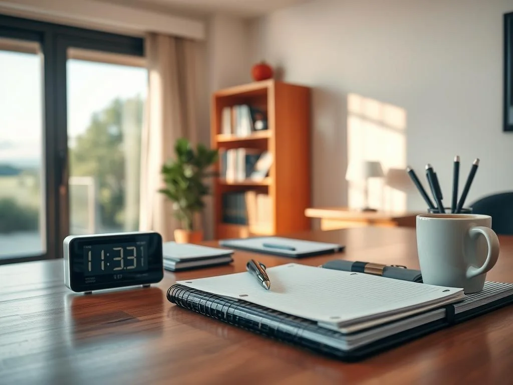 A tidy and organized workspace with a notebook, pen, digital clock, and coffee cup, symbolizing effective time management and productivity