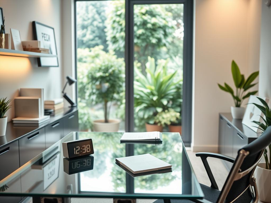 A modern and minimalist office desk with a glass surface, a digital clock, a notebook, and an organized workspace, surrounded by greenery, symbolizing productivity and time management.