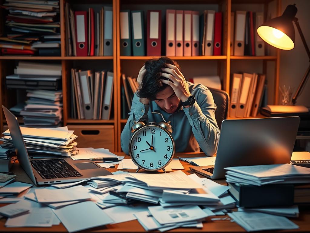 A stressed man sitting at a cluttered desk, surrounded by piles of paperwork, two laptops, and a large clock, symbolizing poor time management and work overload.