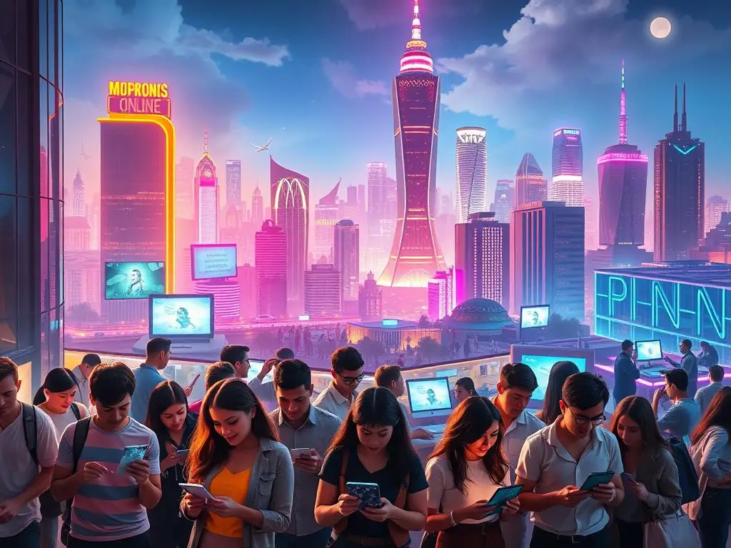 A futuristic cityscape illuminated by neon lights, with a crowd of young people engaged on their smartphones, symbolizing the digital economy, online work, and social media connectivity.