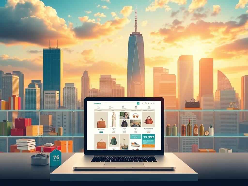 A laptop displaying an online shopping website on a modern rooftop workspace with a city skyline in the background, symbolizing eCommerce, dropshipping, and online business success.