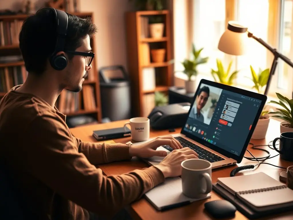 A young man wearing headphones working from home, engaged in a virtual meeting on his laptop in a cozy, well-organized workspace with notebooks, coffee cups, and plants, symbolizing remote work and online business