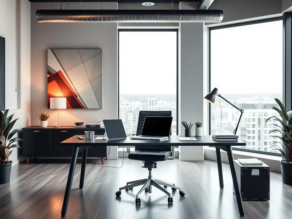 A modern home office with a sleek black desk, ergonomic chair, and laptop, illuminated by natural light from large windows overlooking a city skyline. The workspace is stylishly decorated with plants, artwork, and minimalistic furniture.