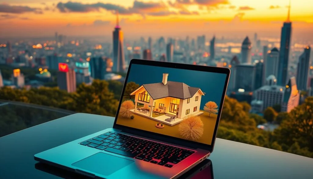 A laptop displaying a 3D model of a house, set against a city skyline at sunset, symbolizing real estate investment and digital property management.