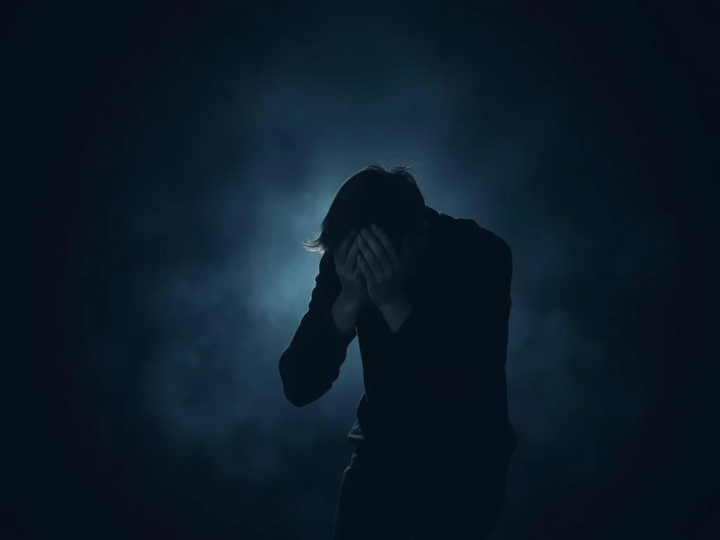 A person sitting in darkness with their head in their hands, symbolizing deep fear, anxiety, and self-doubt. The image represents the emotional struggle to overcome the fear of failure and the journey toward confidence and success.