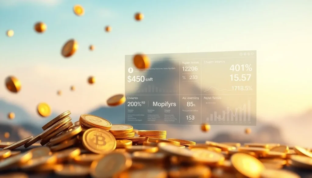 A pile of golden Bitcoin and cryptocurrency coins floating in the air with a transparent digital financial dashboard overlay displaying dividends, earnings, and growth metrics. The scene symbolizes passive income from crypto investments, staking rewards, and blockchain dividends.