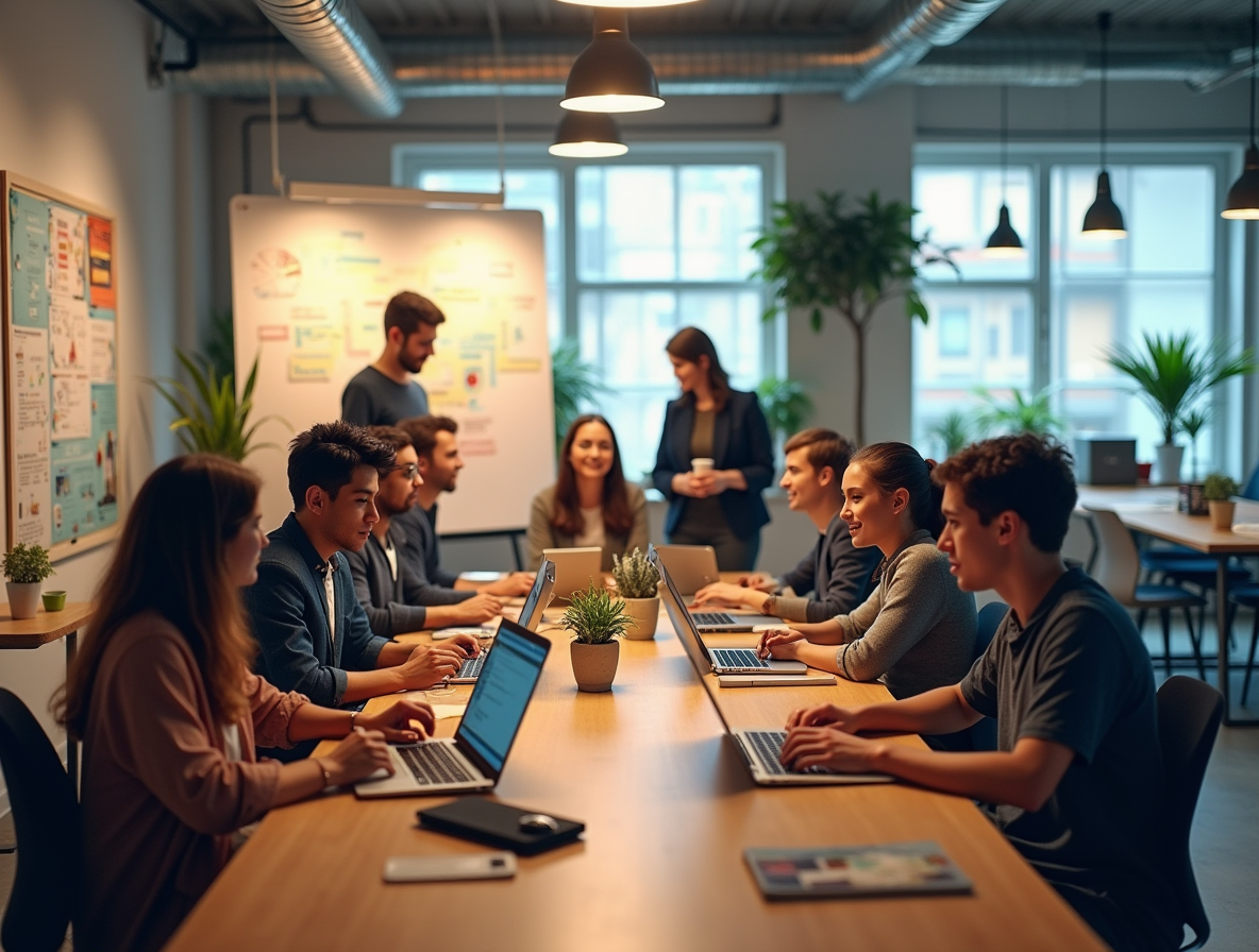"A group of young entrepreneurs working together in a modern coworking space, collaborating on laptops with brainstorming notes on a whiteboard in the background."