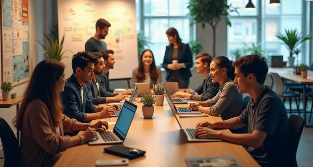 A group of young entrepreneurs working together in a modern coworking space, collaborating on laptops with brainstorming notes on a whiteboard in the background."
