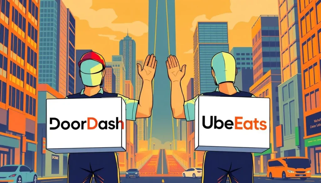 Illustration of two delivery drivers, one carrying a DoorDash bag and the other an Uber Eats bag, standing in a busy city, symbolizing the comparison of driver earnings.