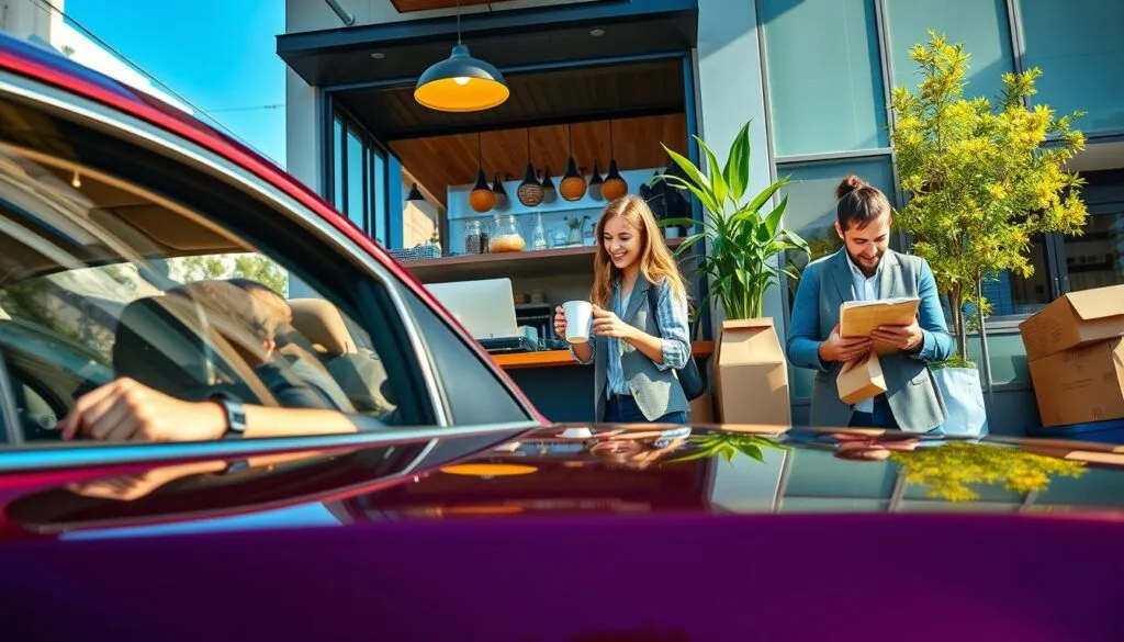 A person in a car receiving a package from two professionals outside a modern café, symbolizing weekend jobs like delivery driving, freelancing, and gig work.